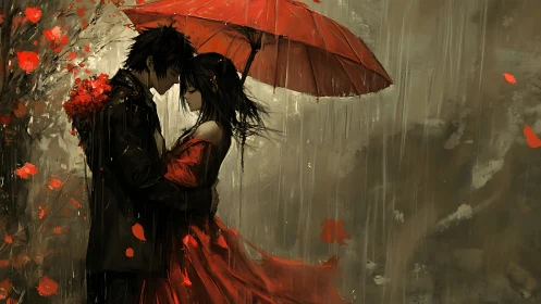 Lovers Dance Through Scarlet Rain Beneath Crimson Silk