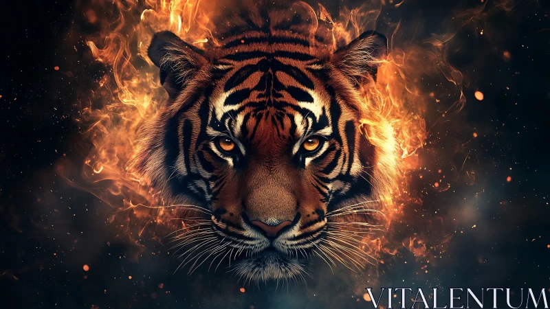 Flaming Bengal tiger portrait with embers on dark background