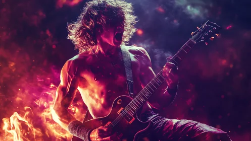 Explosive rock guitarist in fiery, neon-lit performance scene.