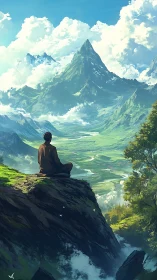 Solitary dreamer converses with mountains in painted silence