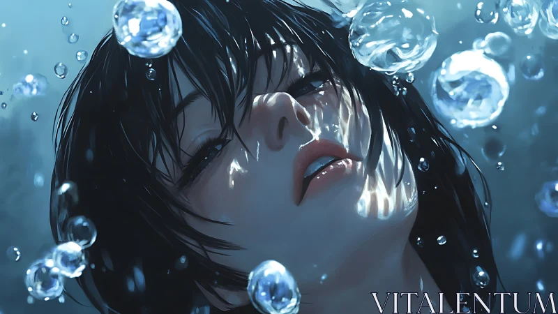 Submerged female portrait with refracted caustic light and bubbles