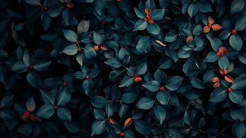 Dark teal foliage with scattered red berries pattern.