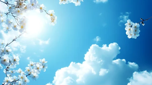 White blossoms against bright blue sky with clouds.