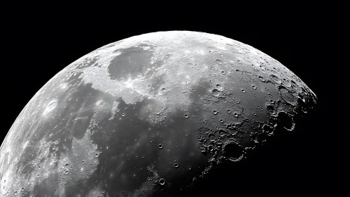 Detailed lunar surface close-up in stark monochrome orbit.