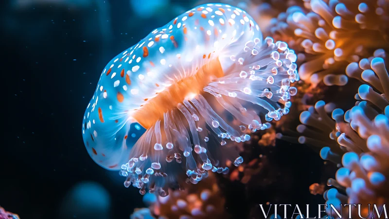 Bioluminescent jellyfish drifts through neon coral reef.