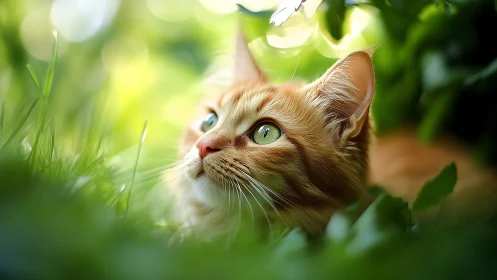 Ginger Cat with Green Eyes Gazing Upward in Garden