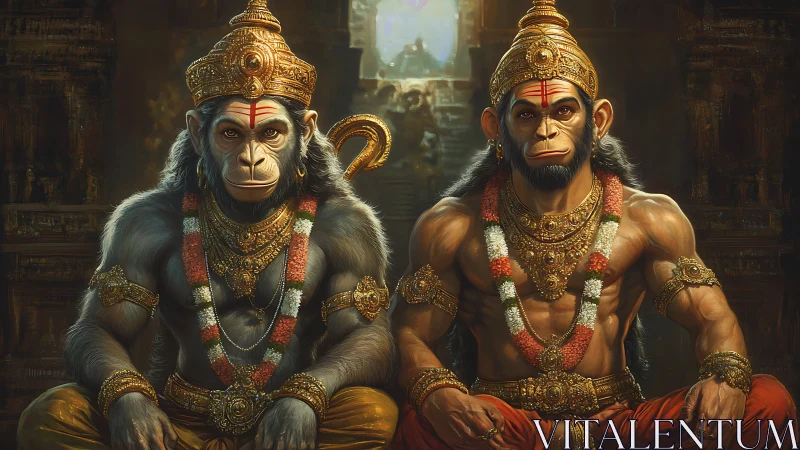 Two seated monkey deities wear ornate gold jewelry in temple