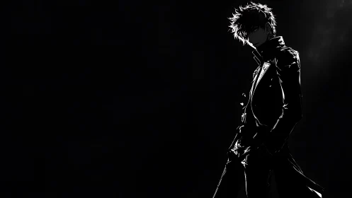 Noir anime antihero in high-contrast monochrome lighting.