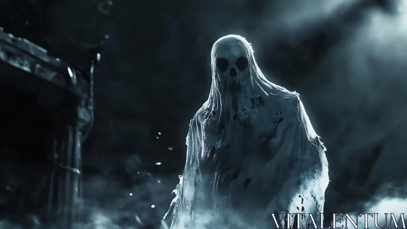 Eerie spectral figure emerges from fog in moonlit ruins