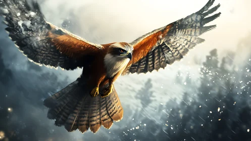 Majestic Eagle Soaring Over Snowy Forest in Dramatic Digital Art.
