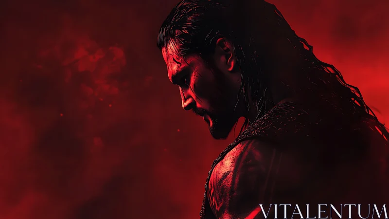 Warrior profile under crimson backlight in digital chiaroscuro.