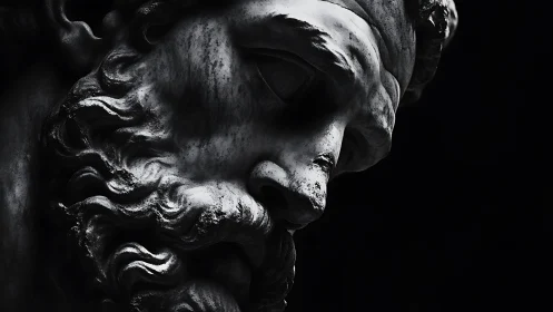 Brooding marble visage in dramatic monochrome light.