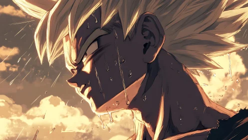 Saiyan warrior profile under stormlit golden sunset rain.