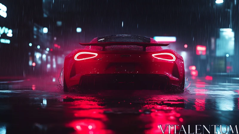 Sleek red sports car glowing in neon rain soaked city night.