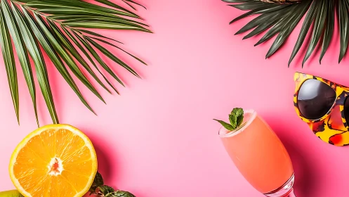 Tropical Summer Flat Lay. Citrus, Cocktail, Palm Leaves.