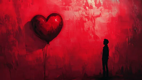 Solitary figure gazes at heart-shaped balloon in vivid red abstraction.
