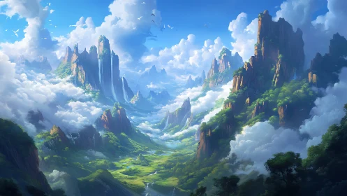 Sunlit fantasy peaks rise through emerald cloud valleys.