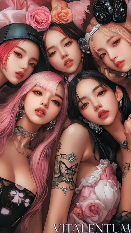 Blooming neon muses gathered in a dreamy petal embrace.