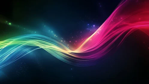 Glowing neon light waves sweep across a deep cosmic night