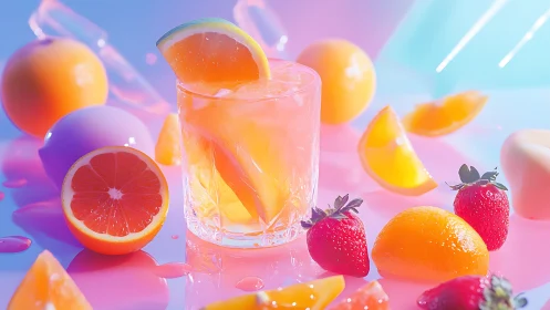 Citrus beverage with fruits and gradient background.