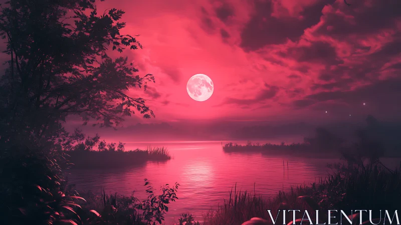 Full moon over red-tinted lake with silhouetted shoreline.