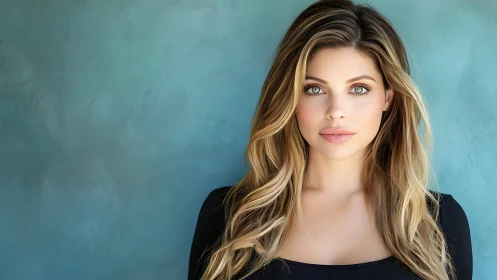 Portrait of young blonde woman against teal studio wall.
