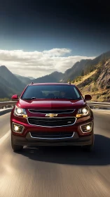 Red Chevrolet SUV driving on mountain highway in daylight.