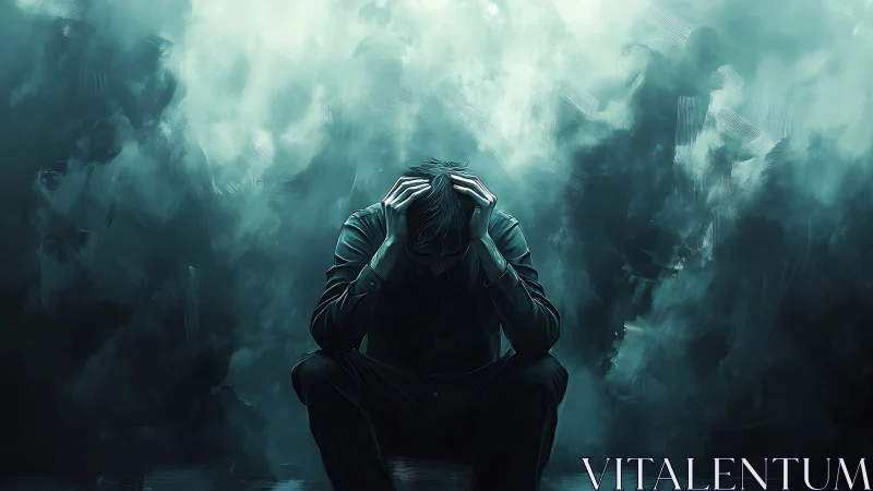 Solitary man crouched in teal haze holding his head down.