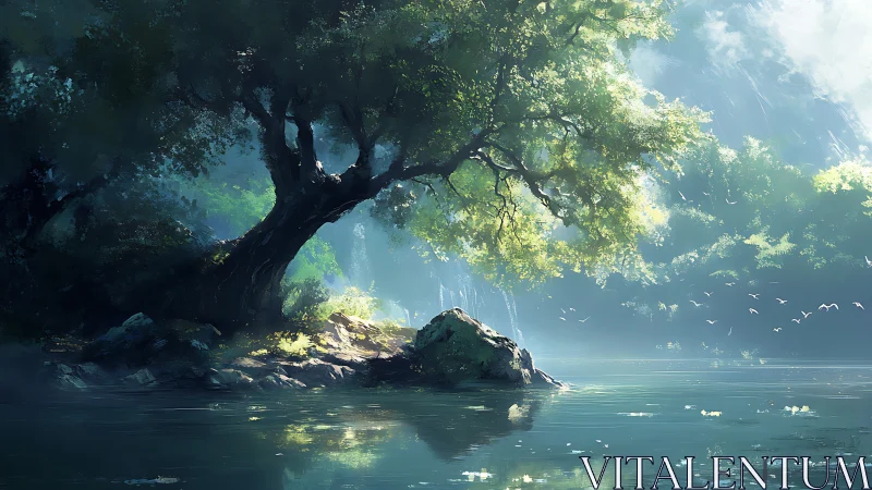 Sunlit river guardian leans over water whispering quiet myths