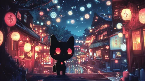 Silhouetted cat icon surveys lantern-lit canal street at night