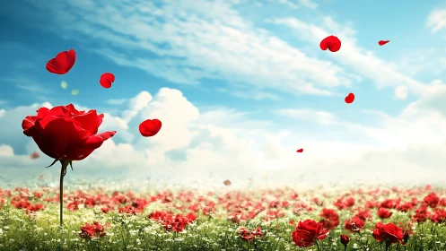 Red poppies in field with floating petals against blue sky.
