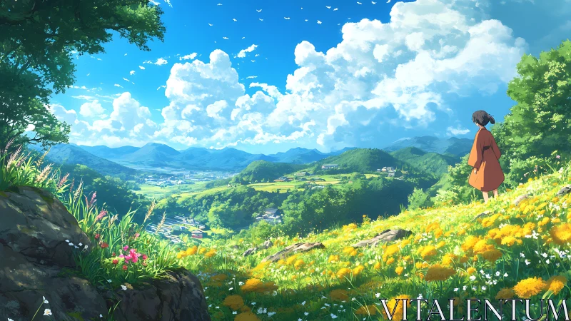 Girl observing sunlit valley from wildflower hillside.