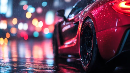 Sports car rear wheel reflects neon lights on wet street