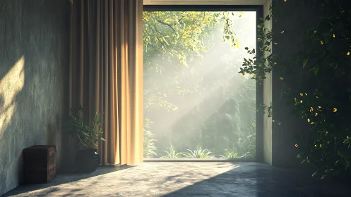 Interior opening onto sunlit garden with filtered light rays.