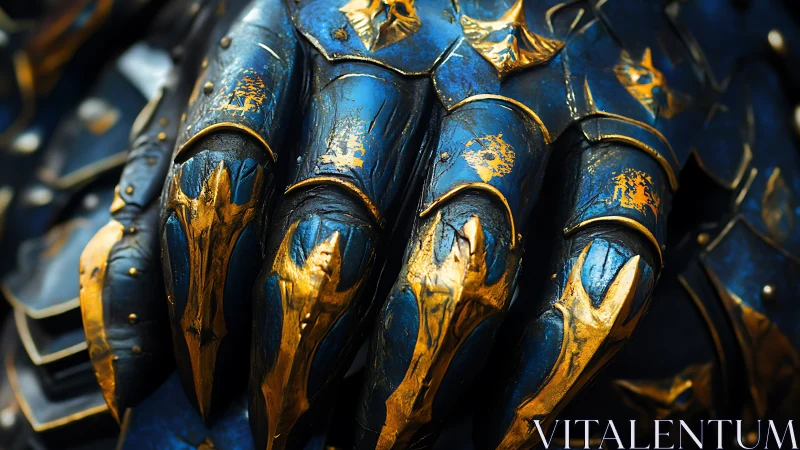 Detailed close-up of ornate blue and gold armored gauntlet.