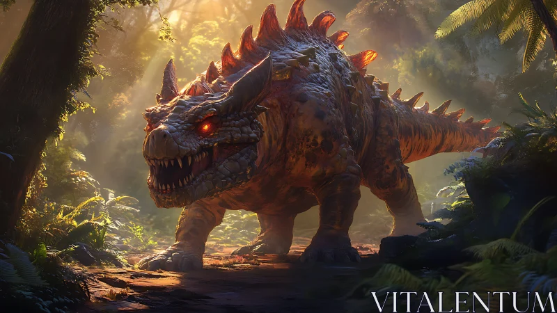 Ember-eyed jungle titan stalks through mistlit primeval haze