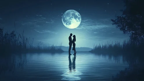 Couple Embracing Under Full Moon Over Water