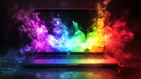 Laptop emits vivid multicolor smoke clouds in dark studio.