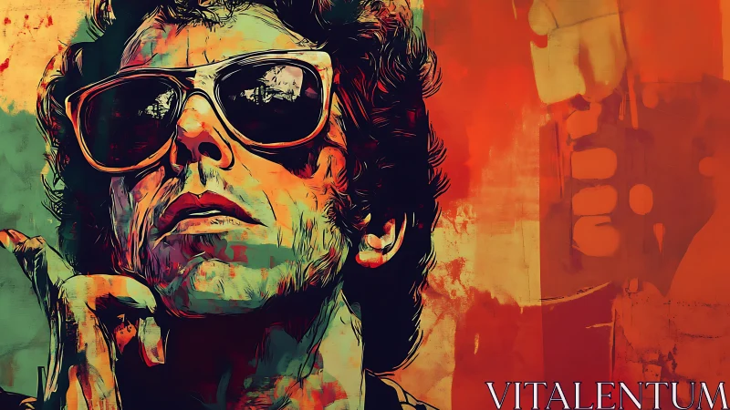 High-contrast vector portrait with neon duotone glazing and grain