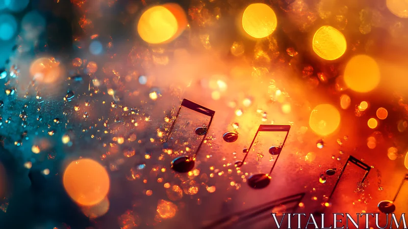 Backlit musical notes refract through bokeh and condensed water
