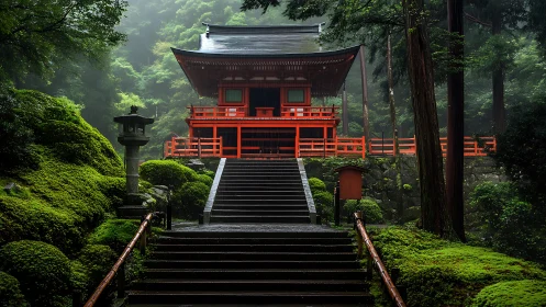 Misty forest shrine staircase emphasizes axial symmetry and depth