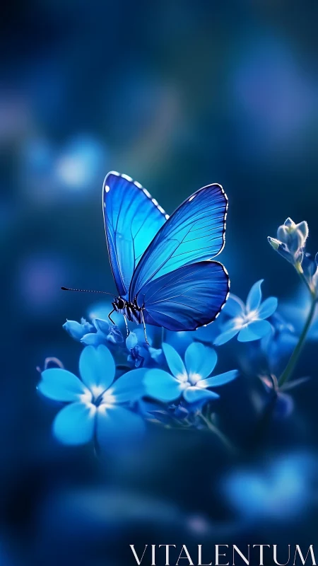 Blue butterfly rests on small flowers in soft blue light