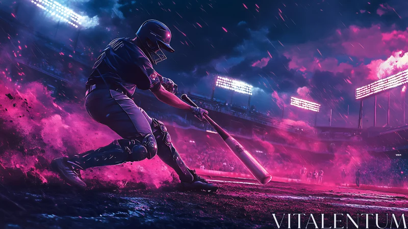 Neon-lit batter swings under stormy stadium skies at night.