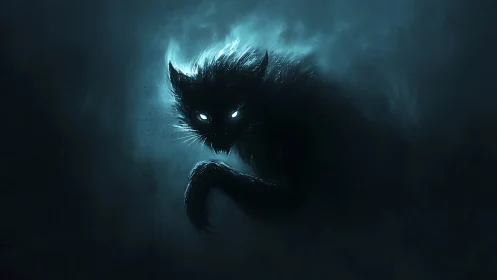 Spectral feline entity emerging from volumetric blue fog field.