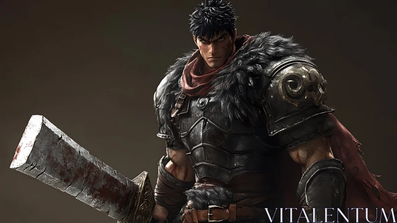 Armored swordsman rendered in high-detail 3D with worn textures