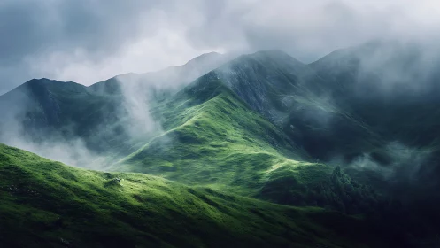 Emerald ridgeline breathing through silver mountain fog.