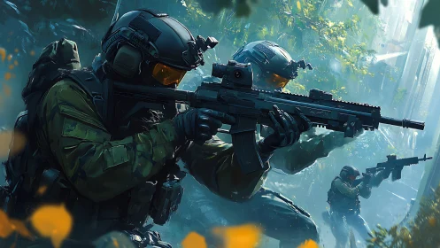 Tactical assault team advances through dense foliage with modular rifles