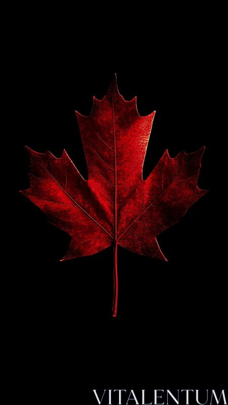 Red maple leaf silhouette is centered on a black background
