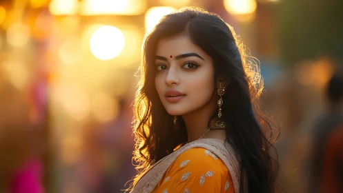 Portrait depicts woman in traditional attire under backlit sunset