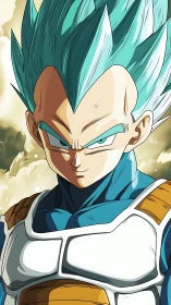 Blue-haired armored anime warrior in frontal portrait view.